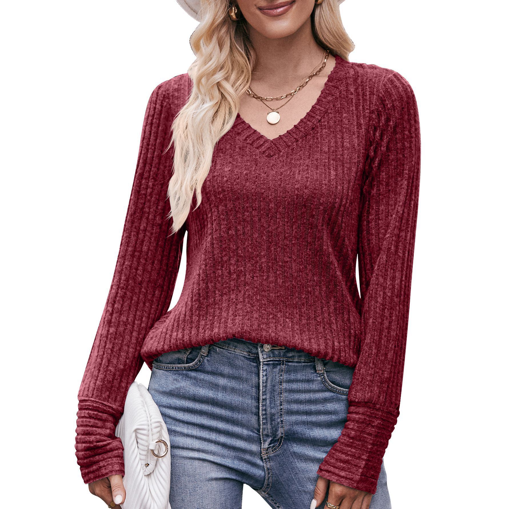 Herfst Winter Losse Casual V-Hals Pullover T-Shirts Dames Mode Eenvoudige Lange Mouw Onderkant Top Vrouwen T-Shirt Dames Kleding: L / Claret