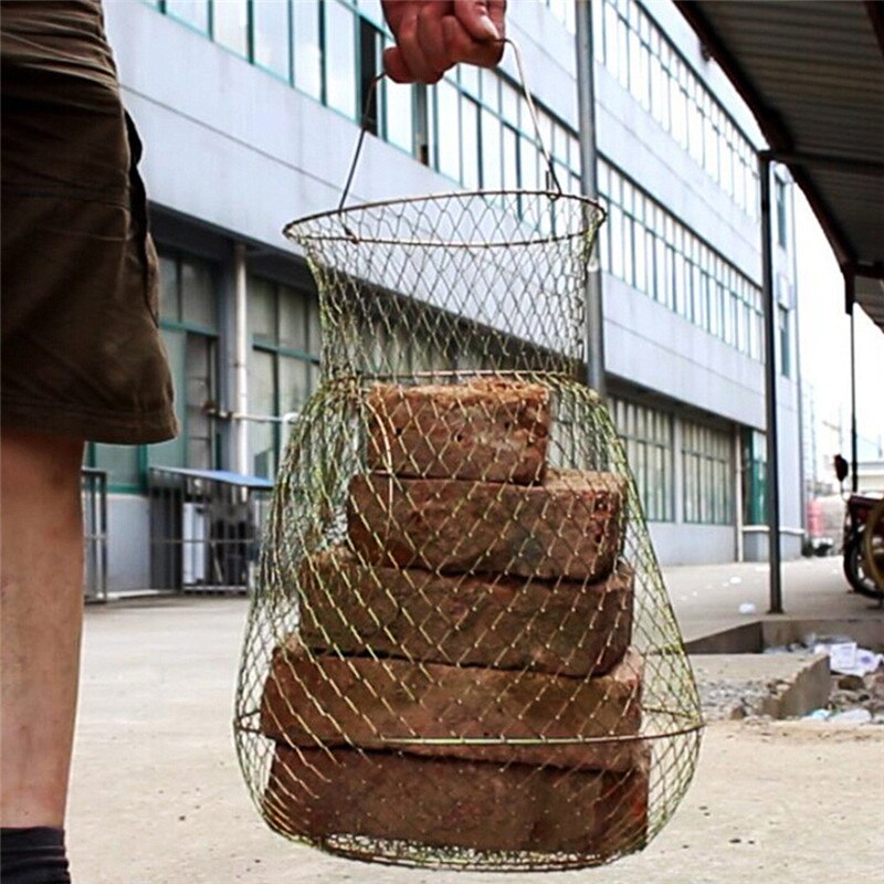Portable Fish Care Keep Mesh Wire Foldable Fishing Cage Drum-shaped Steel Wire Creel Fishing Net