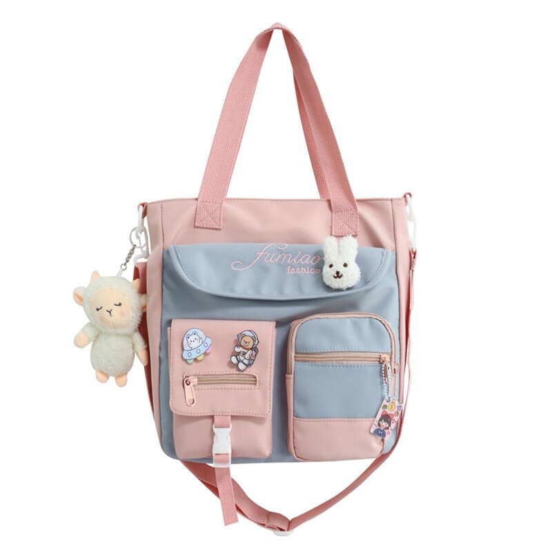 D0LF Korean Japanese Style Cute Large Capacity Tote Bag for Women Teen Girls Candy Color Patchwork One Shoulder Crossbody School: Pink