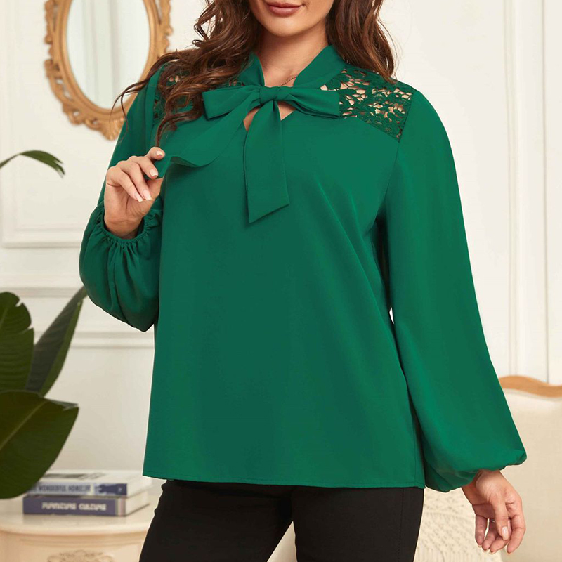 Camisa de manga larga de encaje para mujer, blusa femenina de Color sólido, talla grande, de otoño e invierno, 2022