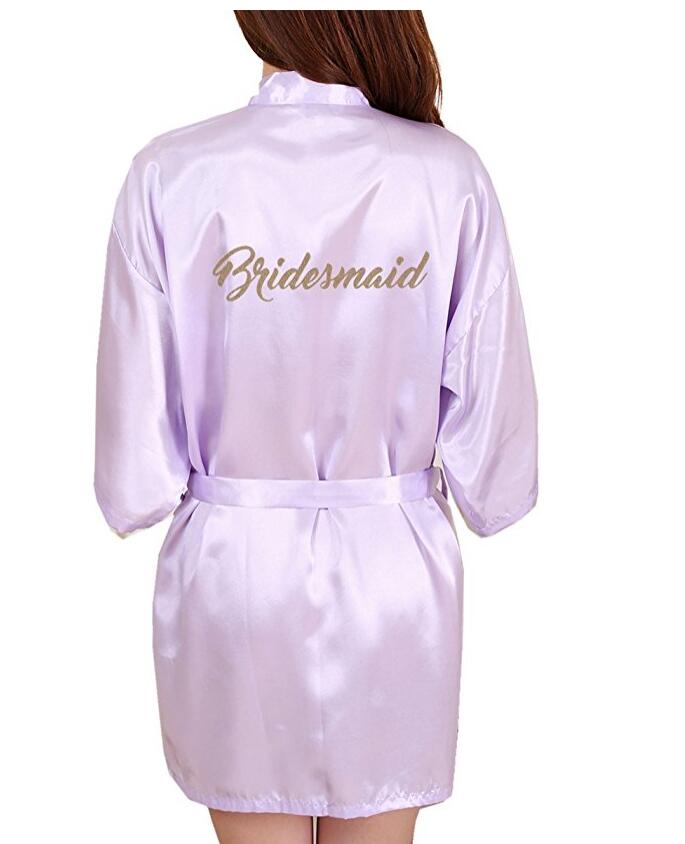 Rb91 sidenklänningar för brud och mor med guldbokstäver, sexiga kvinnor, korta satinklänningar för bröllop, kimono, sovplagg, gör dig redo, morgonrock: S / Lavendel-