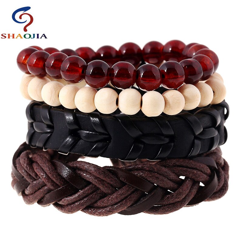 Leren armbanden sieraden heren modieuze jamaica armband verstelbare maat elastische kralen armband esdoornbladeren weven wikkelarmband
