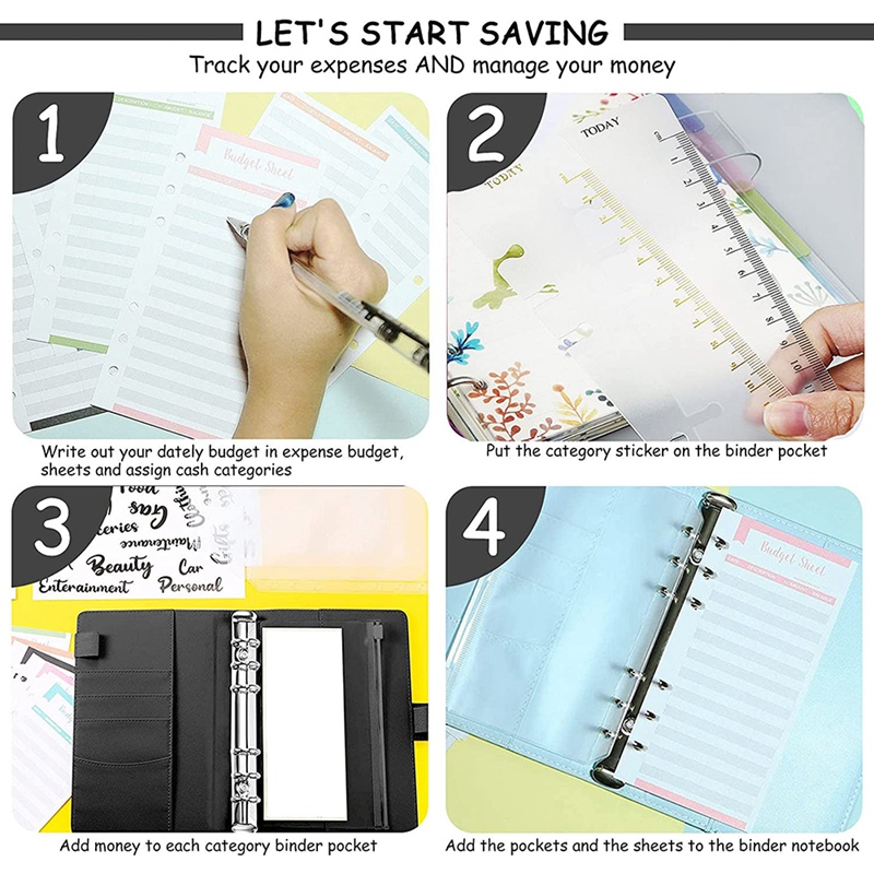 A6 Notebook Binder Budget Planner Organizer 6 Ring Binder Cover,Binder Pockets,Expense Budget Sheets Sticking Ruler