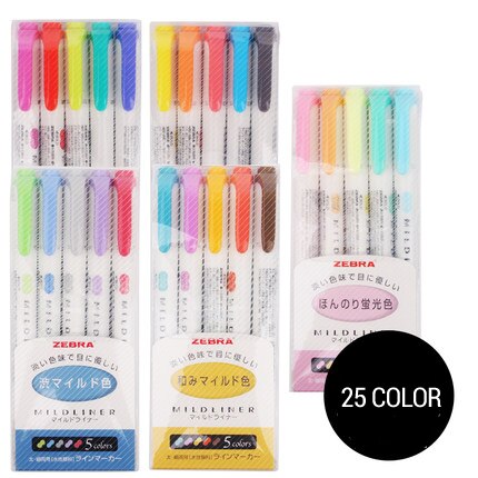 Stylo fluorescent à double tête zèbre mildliner, 3 pièces ou 5 pièces, papeterie japonaise, stylo à crochet, de couleur, kawaii: 25pcs
