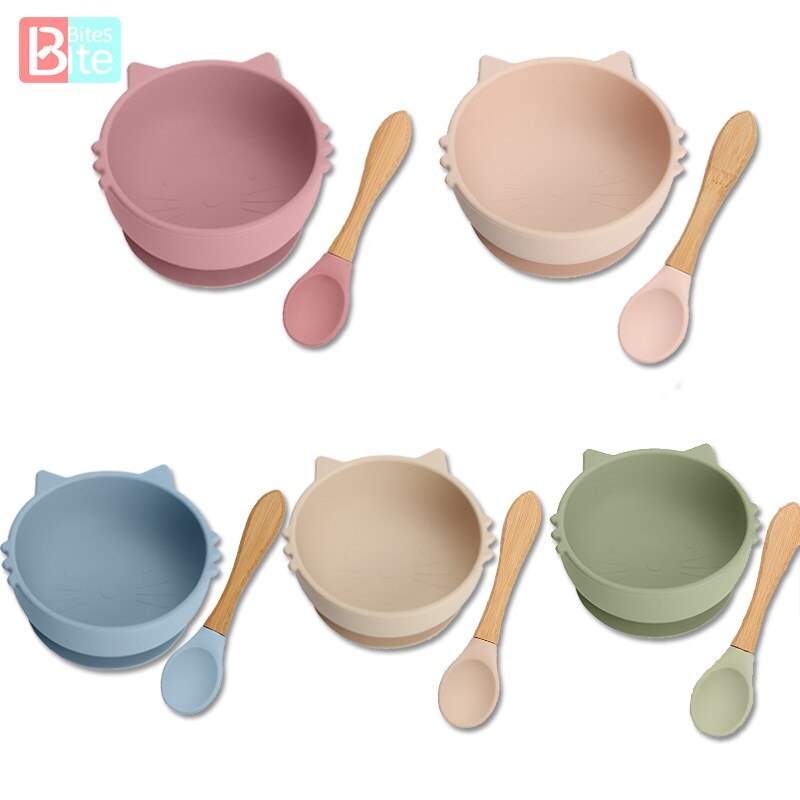 1Set Baby Zachte Siliconen Kom Met Bamboe Houten Lepel Antislip Servies Bpa-vrij Keukengerei Met Zuignap cup Baby Supplises
