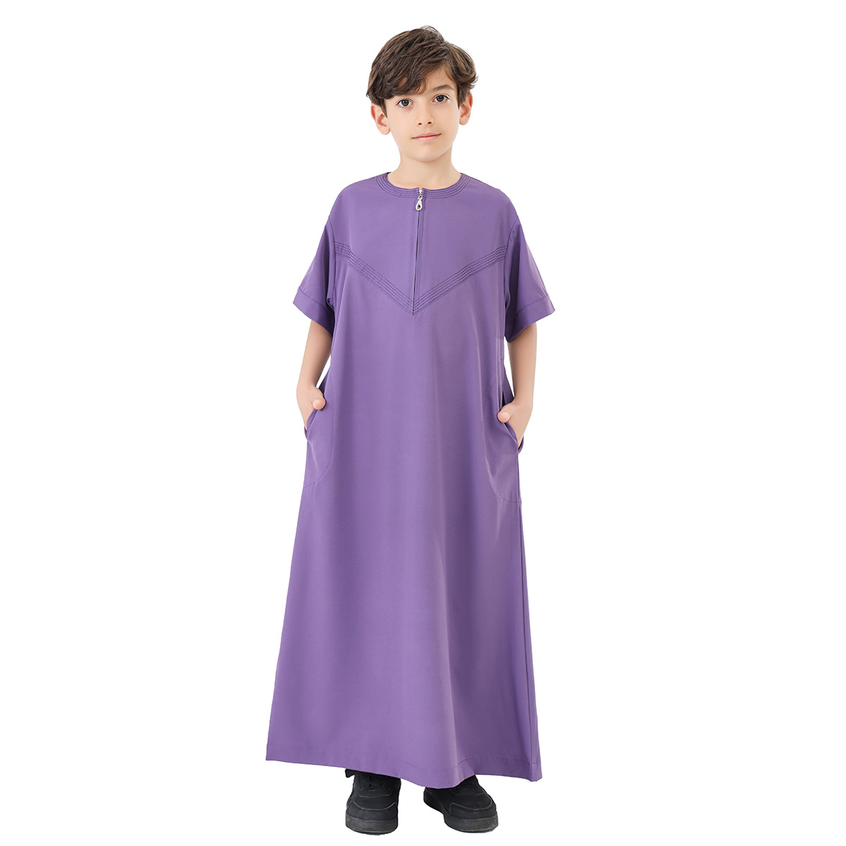 Roupões muçulmanos para meninos, roupões islâmicos do oriente médio, arábia saudita, cor sólida, manga comprida, bolsos, costura, phnom penh, gola redonda: L / ROXO