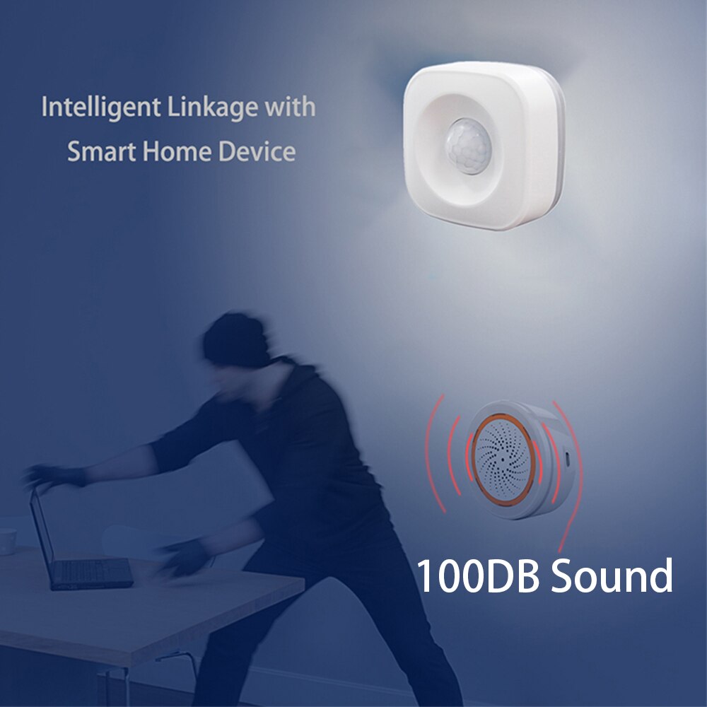 Alexa Google Tuya Motion PIR Sensor Detector Triggered 100DB Siren Sound Alarm Scare Off Burglers Home Alarm Security System Kit