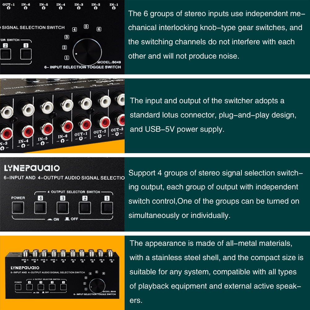 2025 neue 6-in 4-out audio signal switcher splitter audio quelle switcher ausgang schalter steuerung kann gleichzeitig ausgang