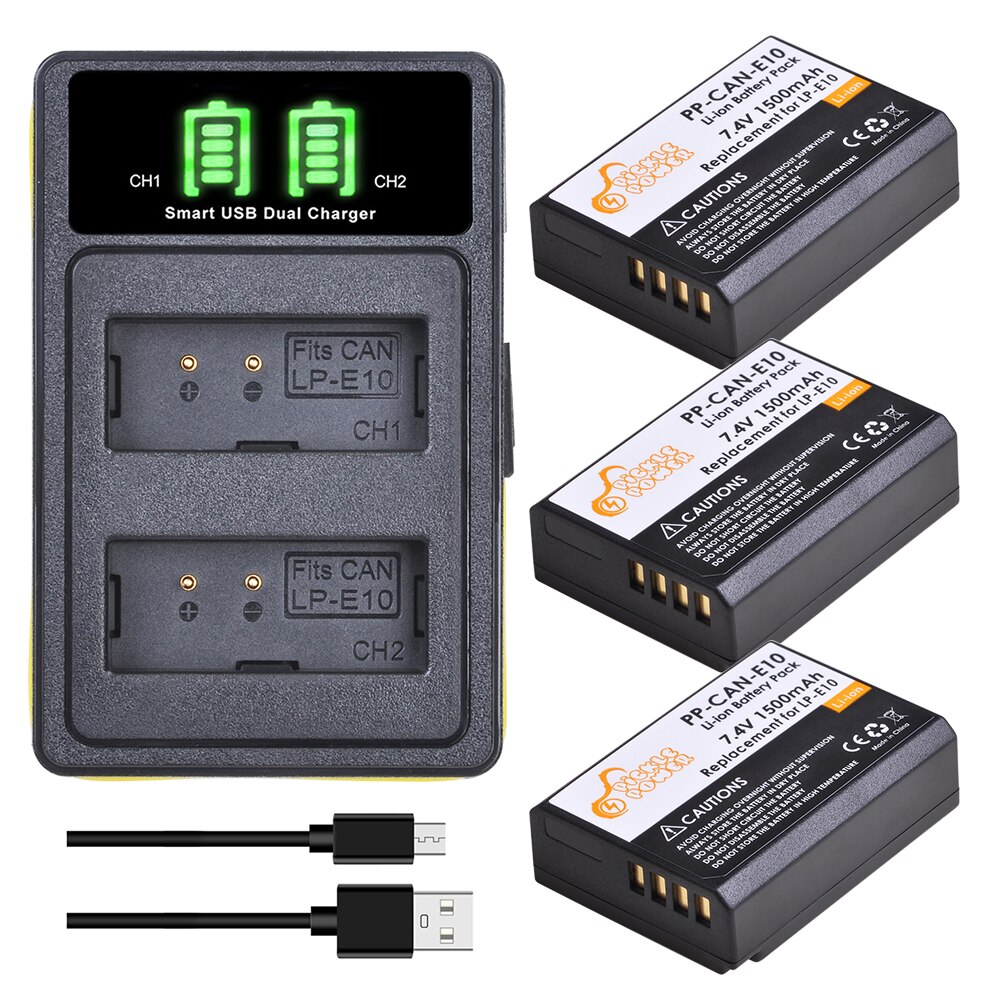 LP-E10 LP E10 LPE10 Kits de chargeur de batterie pour Canon EOS 1100D 1200D 1300D Kiss X50 X70 X80 rebelle T3 Batteries avec Port de Type C.: Charger and 3Battery