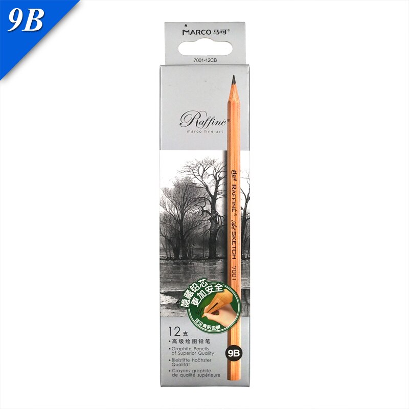 Marco Raffine Sketch Drawing Pencils Set 9B 8B 7B 6B 5B 4B 3B 2B B HB H 2H 3H Standard Pencil for Sketching Office School: 12pcs 9B