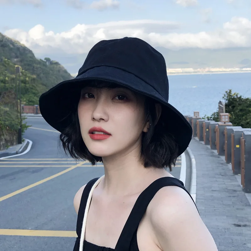 Sombrero de cubo de verano para mujer, ala ancha grande, algodón suave para exteriores, sombreros para el sol de Color sólido, gorra panamá plegable portátil para mujer/hombre: Negro