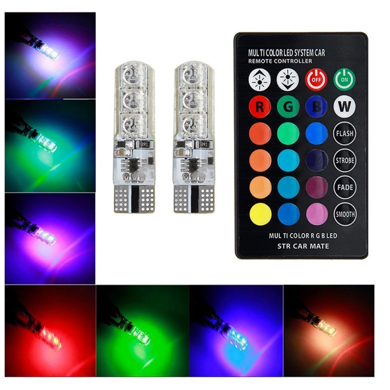 2PCS RGB T10 Led SMD Car Dome Reading Light Automobiles Wedge Lamp RGB LED Bulb With Remote Controller