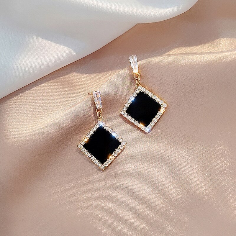 Lats Trend Strass Geometrische Oorbellen Voor Vrouwen Koreaanse Mode Zwarte Kleur Dangle Earring Vrouwelijke Elegante Sieraden: 66797