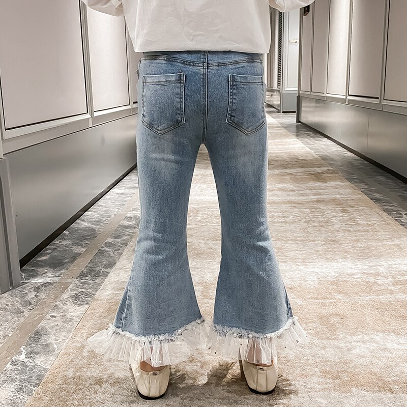 Jeans Slim en dentelle pour filles, jean épissé avec fente, pantalon évasé en Denim avec perles, vêtements pour adolescentes de 4 5 6 7 8 10 12 14 ans,
