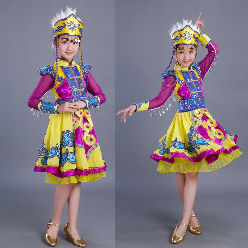 Vestido de Mongolia amarillo para niños para el escenario de los trajes nacionales chinos niñas Hmong Ropa de baile niños traje de danza tradicional