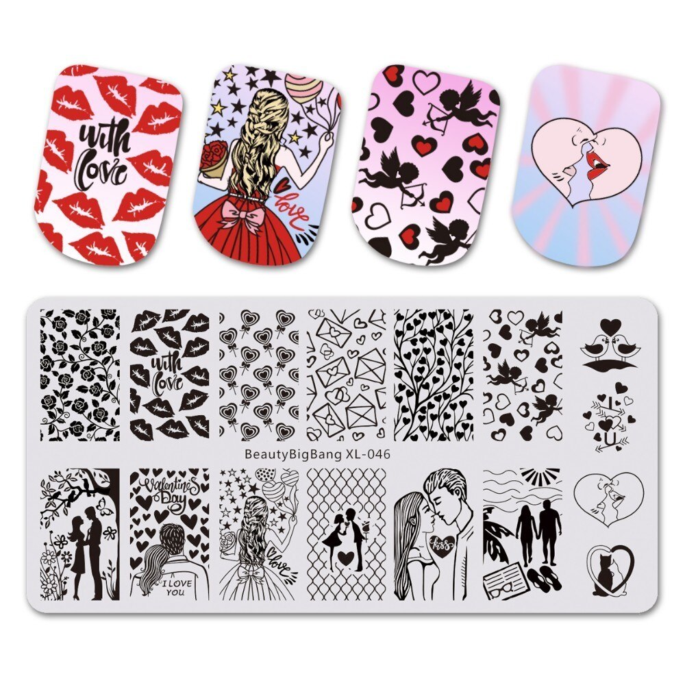 Beautybigbang alla hjärtans dag nagelstämpling tallrikar kärlek hjärta blommor stämpling för naglar diy nail art mall bbb xl -046: 46