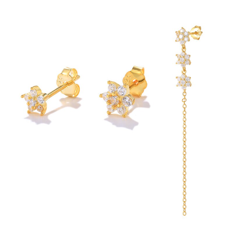 Aide 3 pçs preto flor corrente tassle parafuso prisioneiro brincos para mulher 925 prata esterlina zircônia cúbica mini brincos jóias brincos: A