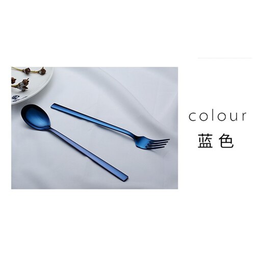 Edelstahl Löffel Gabel Kaffee Kuchen Dessert Eis Gabeln Löffel Koreanische Quadratischen Griff Farbe Gabel Löffel Geschirr Besteck: Spoon blue