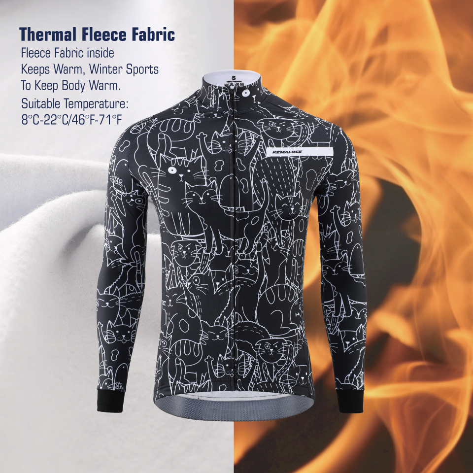 Kemaloce Winter Wielerjassen Heren Fleece Lange Mouwen High End Bike Jacks Zwart En Wit Thermisch Stof Mtb Fietskleding