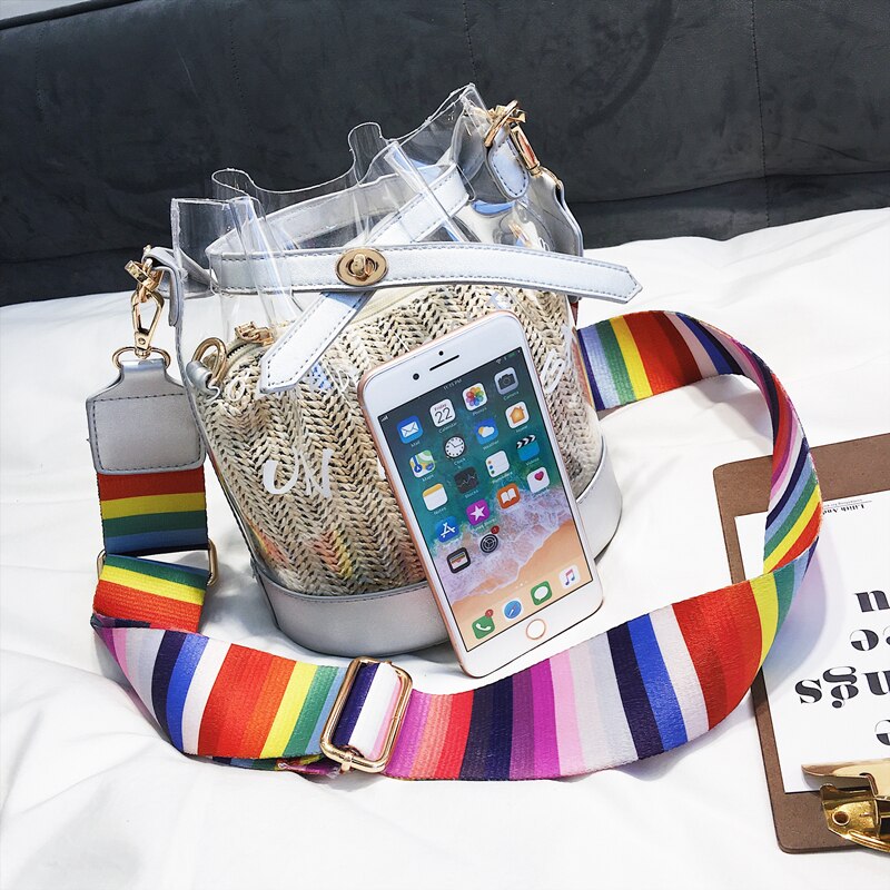 HISUELY Jelly Bag Summer PVC Shoulder Bag Tote Colorful Handle Messenger Chain Plastic Handbag Transparent Bucket Bucket Lock