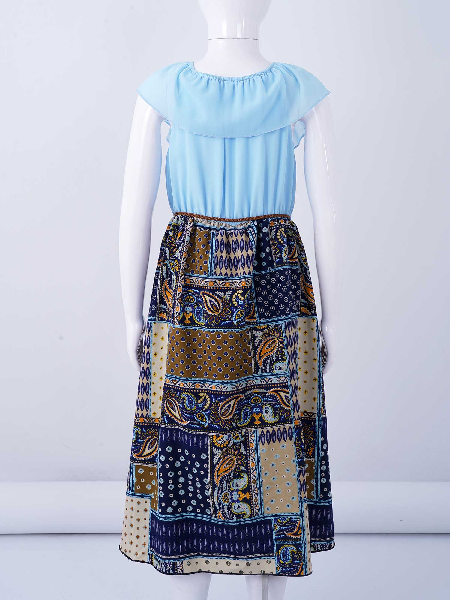 Big Girl Overalls Off-shoulder Girls Romper Patchwork Bohemia Girls Jumpsuit Dress Summer Girls Clothes Outfits 6 8 10 12 14 Yrs