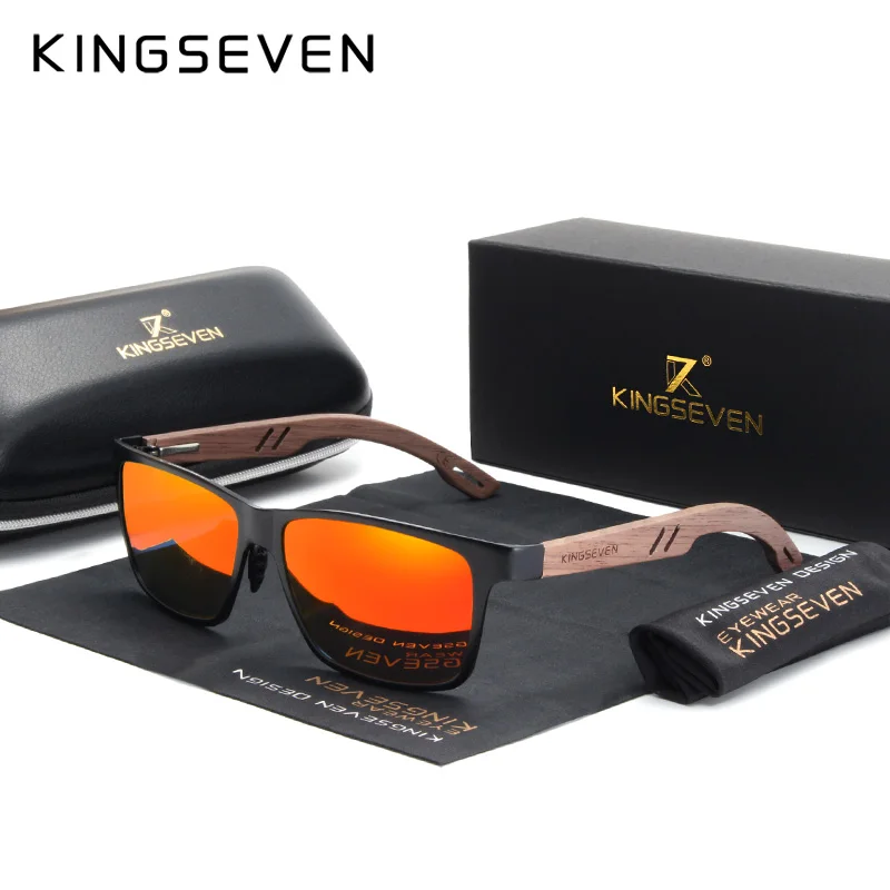 KINGSEVEN Aluminium Handgemachte Walnuss Holz Sonnenbrille Männer Polarisierte Sonnenbrille Für Frauen Anti-Blendung Spiegel Objektiv: verrotten