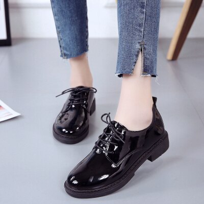 Women Flats British Style Oxford Shoes Women Spring Oxfords Flat Heel Casual Shoes Lace Up Women Shoes: Black / 8