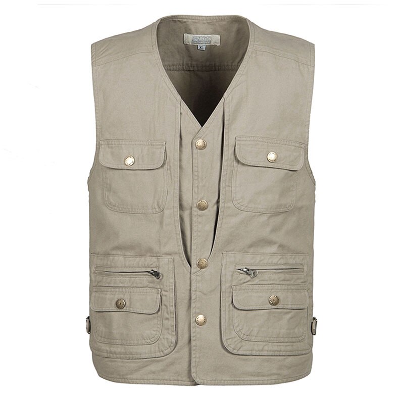 Solid stor størrelse 100%  bomuldsstof v-hals vest med flere lommer herre afslappet fotografering enkeltradet løs ærmeløs jakke: Khaki vest / Xxl
