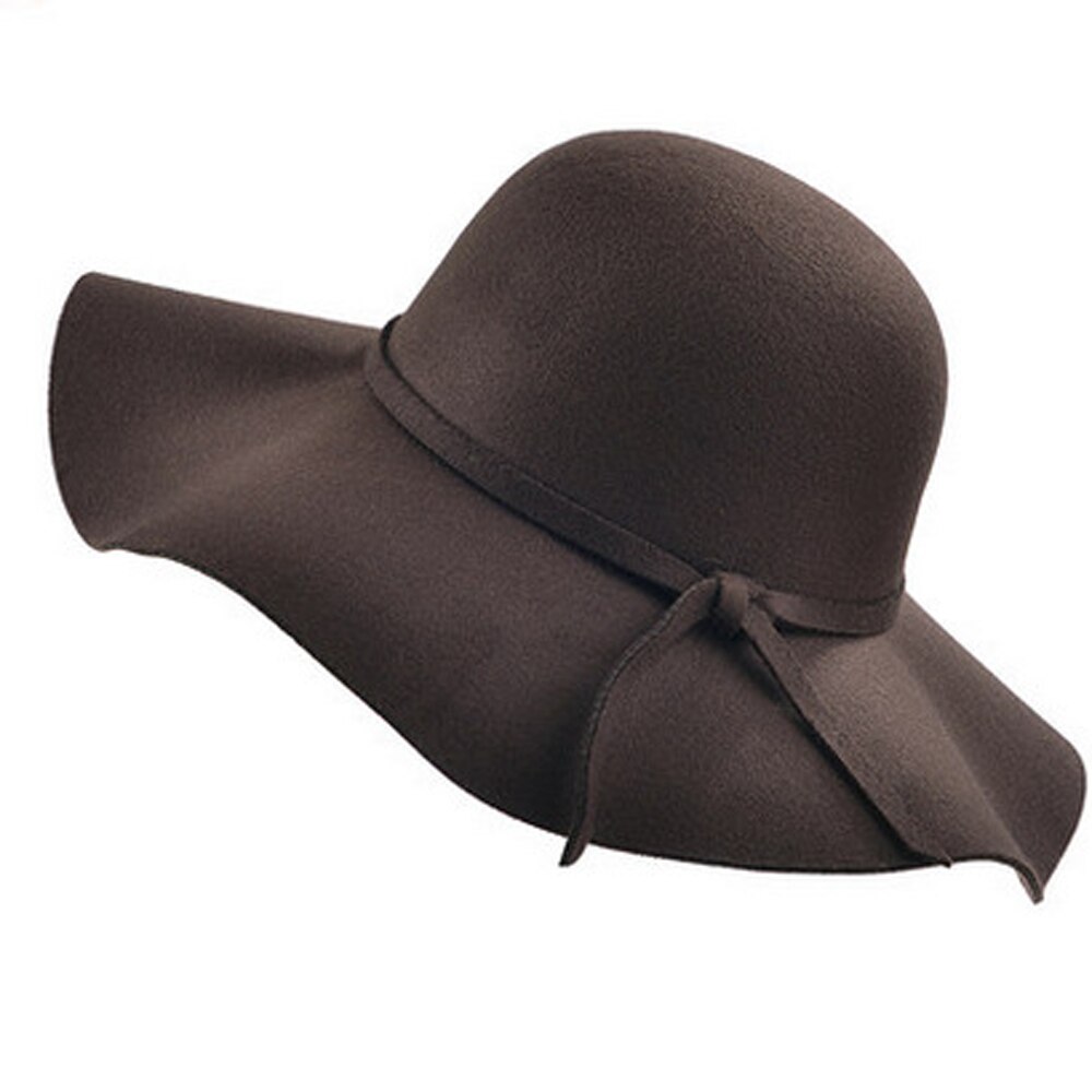 Chapeau casual fedora kasket med brede skygge kuppel hatte uld floppy hat kvinder sorte cloche hatte: Kaffe