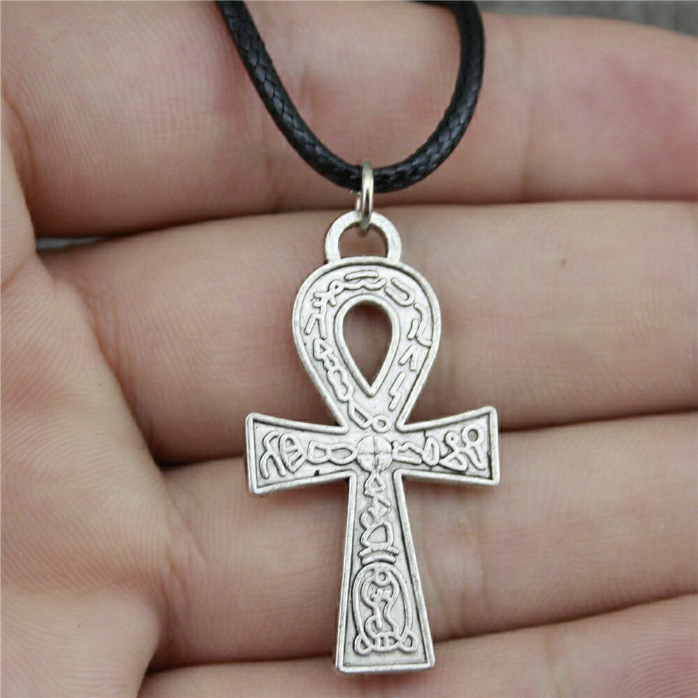 2 Colors Antique Bronze Silver Plated Plated 38x21mm Ankh Cross Pendant Necklace Leather Chain Necklace: Antique Silver Plated