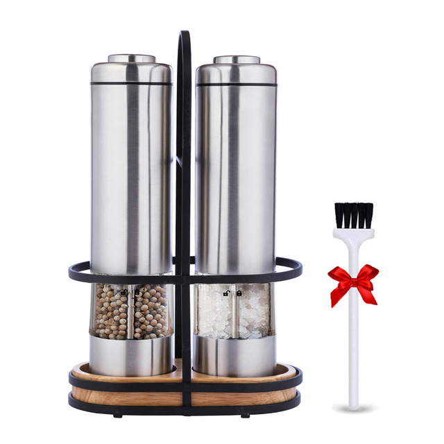 Pora-salt- och pepparshaker med ställ pepparkvarn set rostfritt stål automatisk mjölkvarn för kök elektrisk kryddkvarn: E