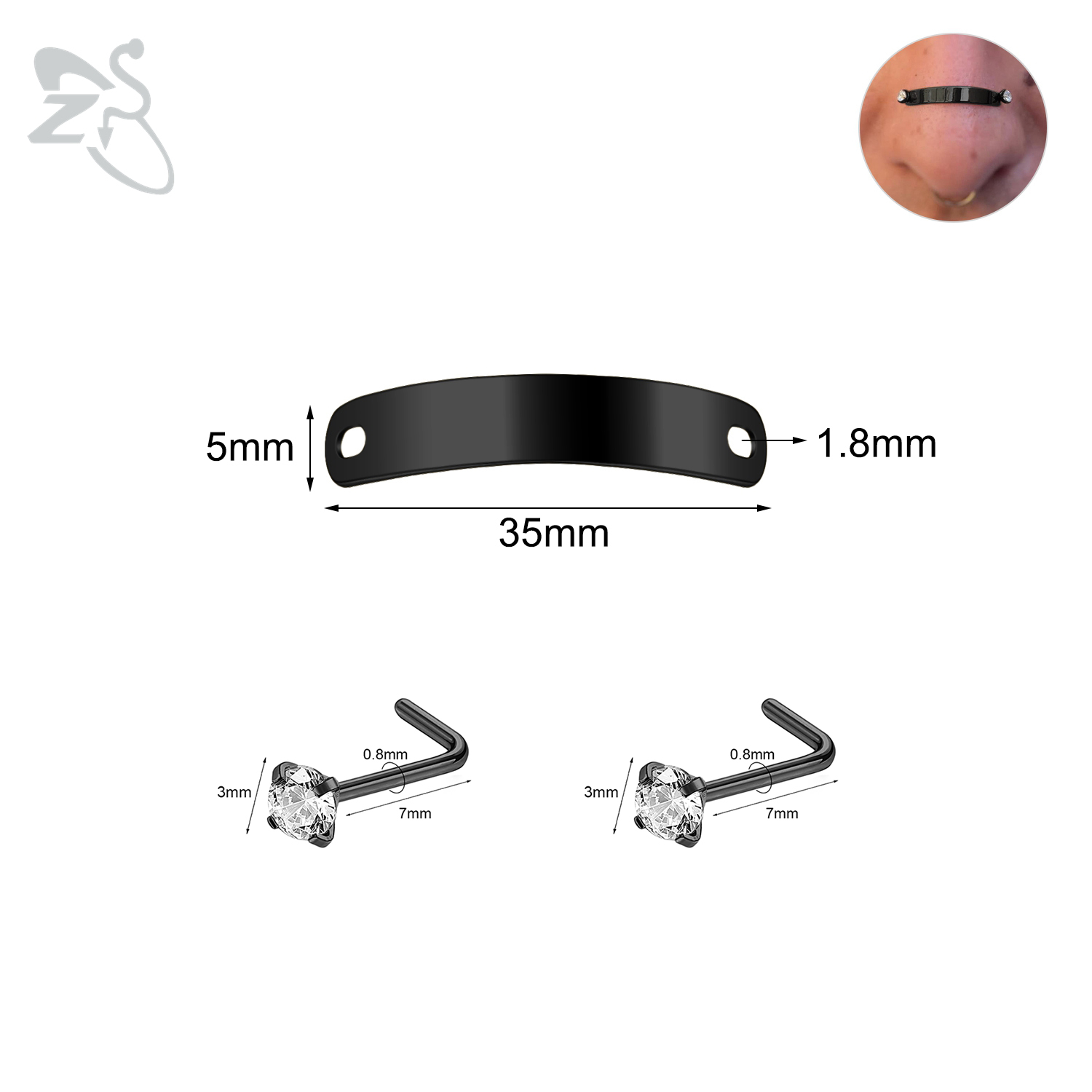 ZS-Piercing en Acier Inoxydable pour Homme et Femme, Bijoux de Corps, Ajustable, Pont de Narine, Punk, 24/30/35/40/45/50mm, 1 Ensemble: Pistolet noir plaqué
