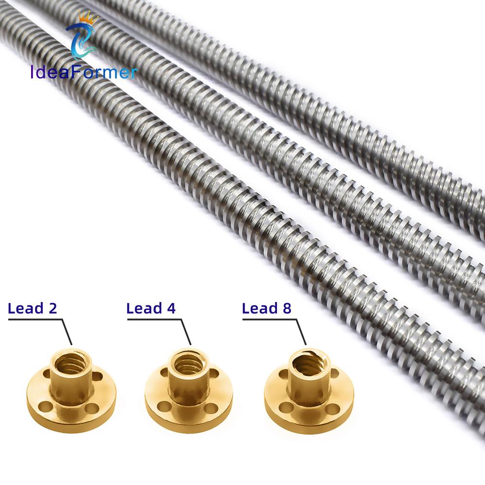 Jeu de vis à tête trapézoïdale T8, diamètre 8mm, pas 2mm, plomb 2/4/8mm, longueur 200/250/300/350/400/500mm avec écrou en laiton