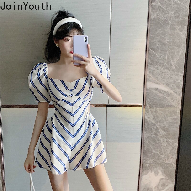 Joinyouth jumpsuits kvinder pufærmer udhulet højtaljet playsuit stribet løst brede ben korte bukser playsuit streetwear 7 a 421