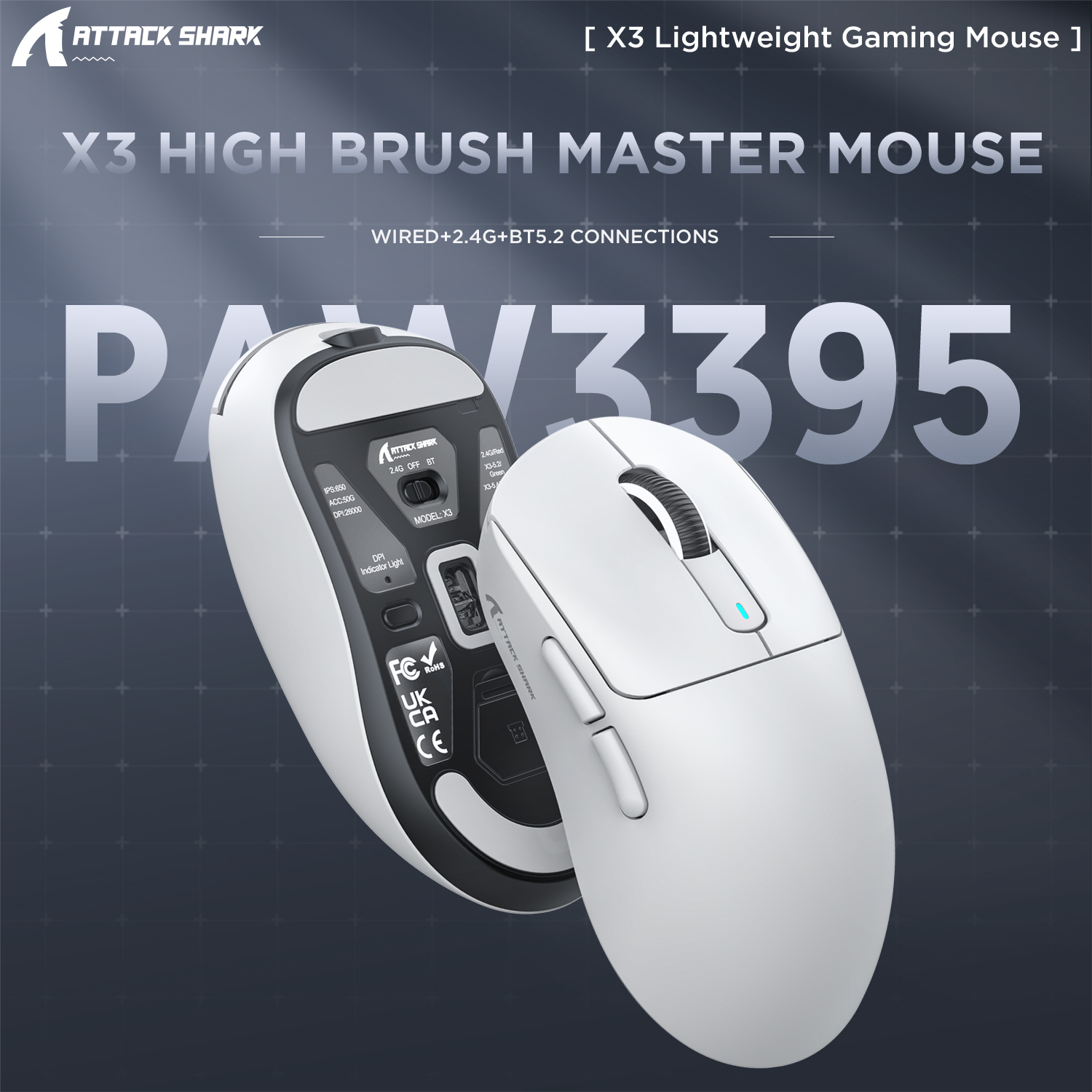 X3 PixArt PAW3395 mysz Bluetooth 2.4G połączenie Tri-Mode, 26000dpi, 650IPS, 49g lekka makro mysz do gier