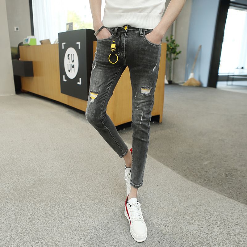 Trendiga män vår sommar koreanska tonåringar skinny stretch slitna skinny jeans män social spirit kille pennbyxor