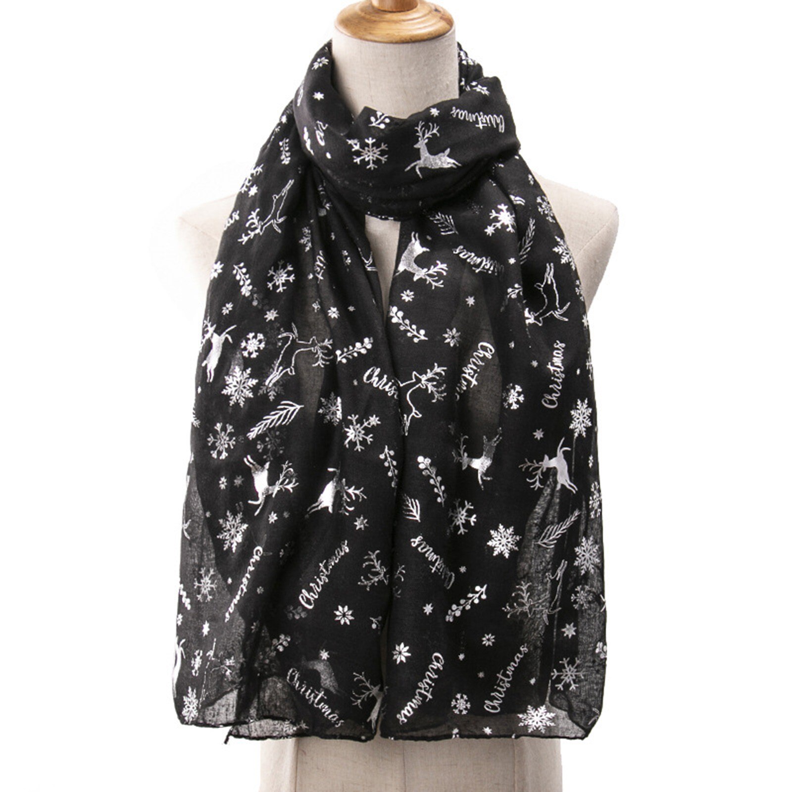 Weihnachten Schals für Frauen Elch Druck Winter Chiffon Schals Warme Winter Schneeflocke Drucken wickelt Schals 180x70cm: Schwarz