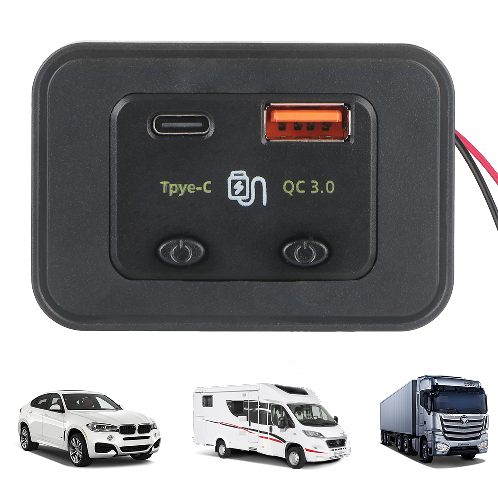 Cargador de teléfono para coche, RV, casa, Camper, caravanas, luz LED tipo C + QC3.0, puerto USB A, adaptador de cargador rápido para coche de 12V/24V