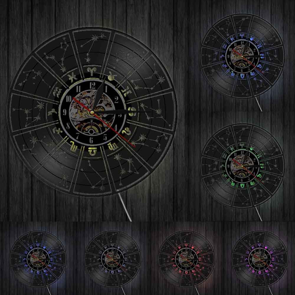 Vinyl Home Decor Wall Clock Zodiac Sign Vinyl Record Wall Clock Astrology Stars Decorative Wall Watch Clock Zodiac: With LED