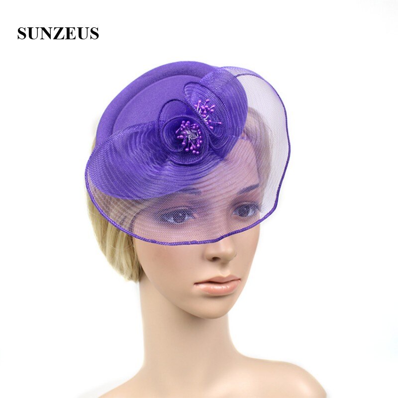 Bruidsmeisjes bruiloft hoeden voor meisjes met gezichtssluier tule hoeden voor vrouwen formele haaraccessoires hut fur hochzeit  sh26: Paars