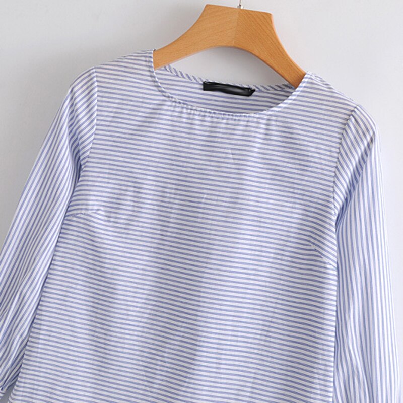 JuneLove primavera mujer casual rayas blusa femenina azul o cuello camisa de manga larga básica blusas