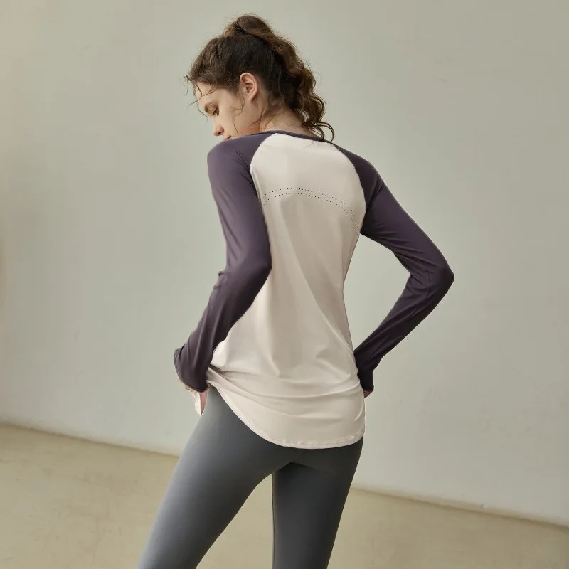 Ademende kleurblok sport yogaset met lange mouwen voor dames afslankende fitnesskleding hoge esthetische waarde: S / YELLOW