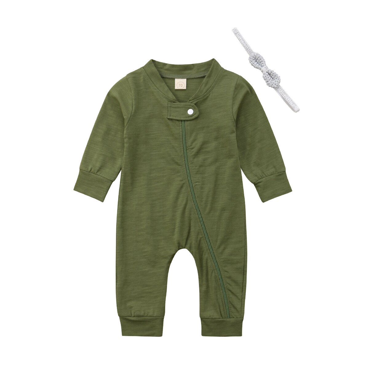 Emmababy Peuter Baby Jongens Meisjes Herfst 2 stks Lange Mouw Twee Kleuren Effen Romper + Hoofdband Outfits 0-18 m: Army Green / 18m