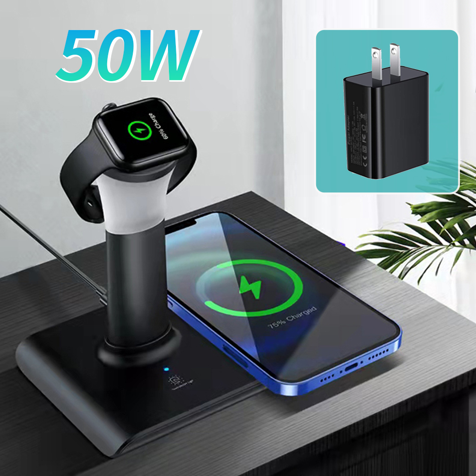50W 3 in 1 Wireless Charger for iPhone Airpods Apple Watch Docking Station Desk Top LED Lamp QI Fast Inductive Charging Stand