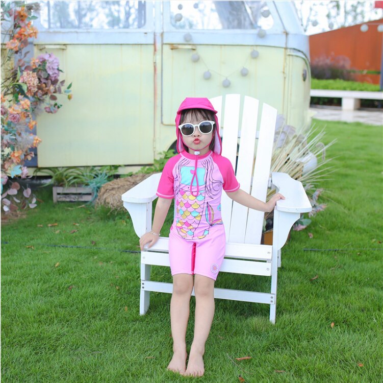 Girls Swimsuits Pink Beautiful Meimaid Swimsuit For 1-10years One-piece Litttle Girls With Hat Lovely Sun Protection: 1-2years