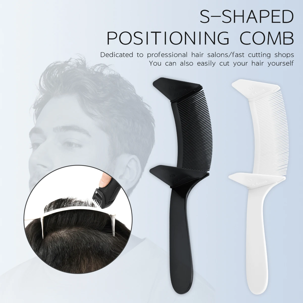 Der Friseur schneidet Haare mit einem gebogenen Kamm und einem flachen Haarschnitt, einem gebogenen Positionierungskamm und einem Styling-Werkzeug, speziell für Echthaarperücken