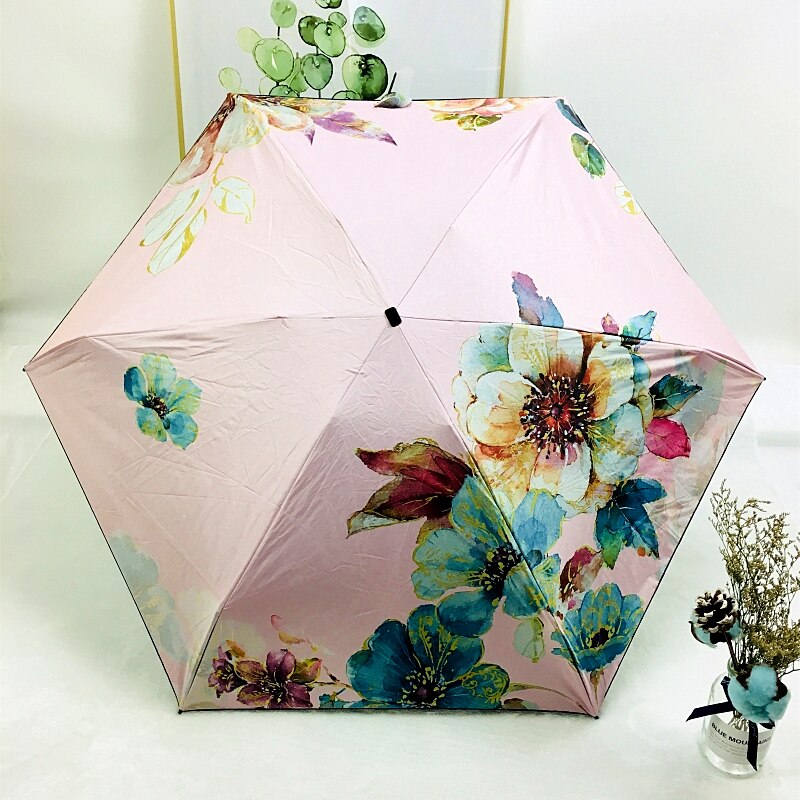 Paliony fem sammenleggbare kompakte og bærbare ultralett slanke lommer mini trykt med fasjonabelt blomstermønster utendørs reiser uv og vindbeskyttelse kvinners og fjøs solfylte og regnfulle paraply.
