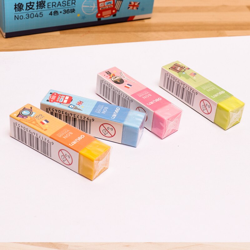 1 Pack 36Pcs Candy Colors Eraser Soft PVC 4B Pencil Erasers For School Office Small Size 60x15x15mm Clear Good to Use Deli 3045