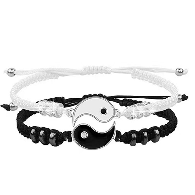 Conjunto de jóias tai chi casal pulseira preto branco corda ajustável conjunto corrente estilo simples uso diário amizade jóias presente