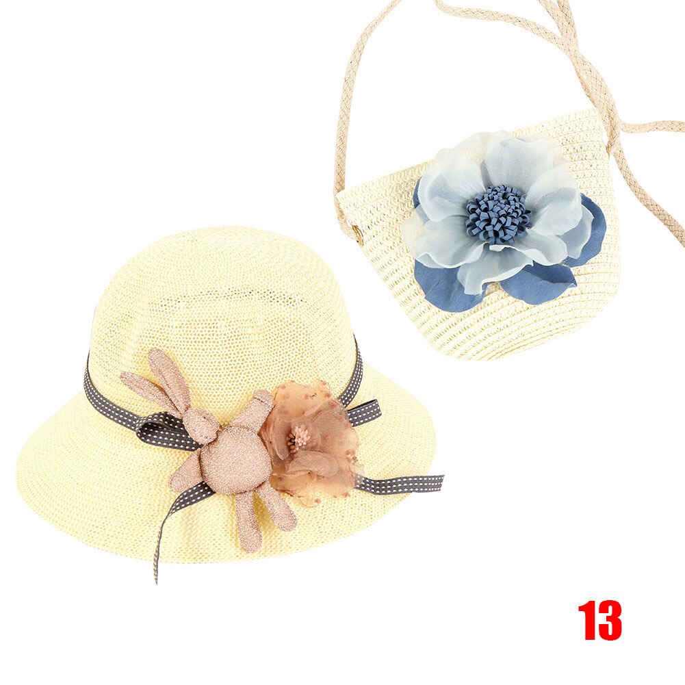Vrouwen Meisjes Stro Zonnehoed + Leuke Bloem Stro Schoudertas Set Zomer Strand Kit: 13